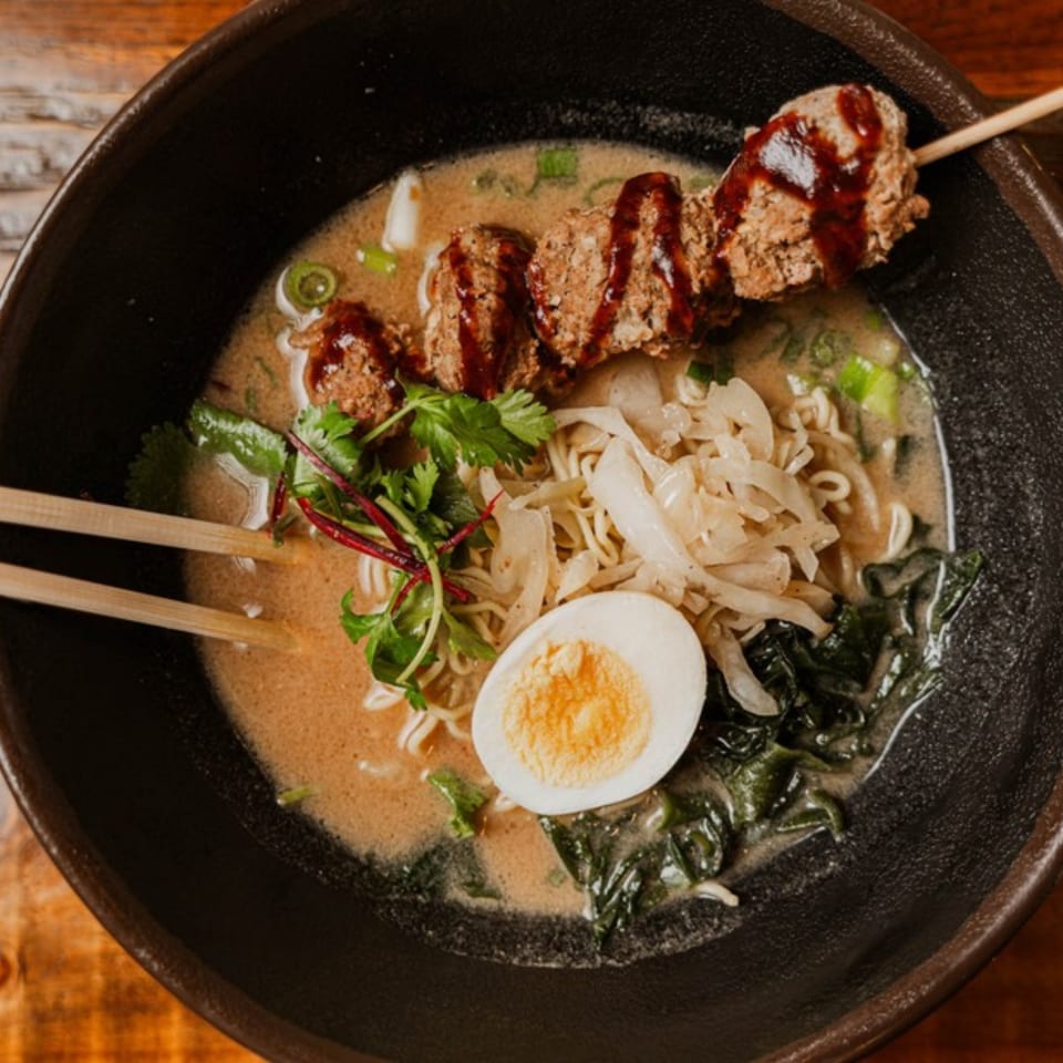 Kameya Ramen & Sushi's ramen bowl with noodles, broth, egg, seaweed, and meatball skewers.