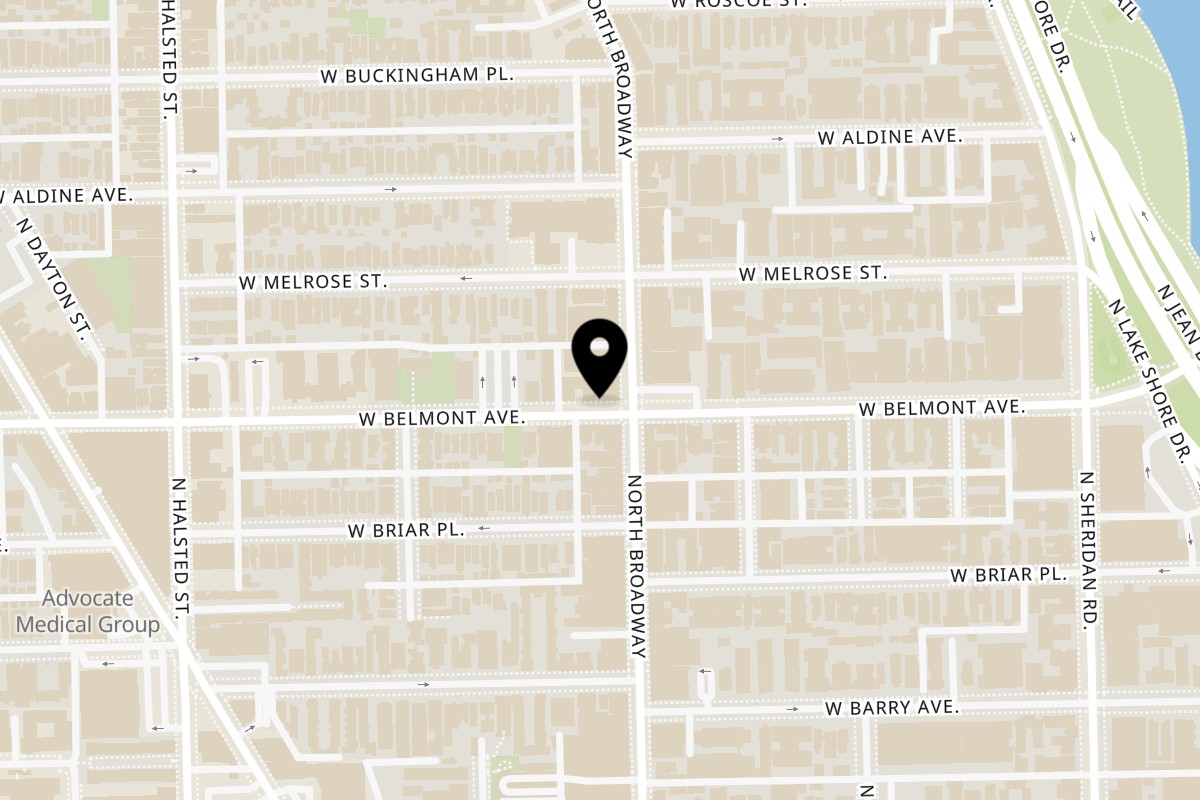 Map showing the location of Kameya Ramen & Sushi on 604 W Belmont Ave in Chicago